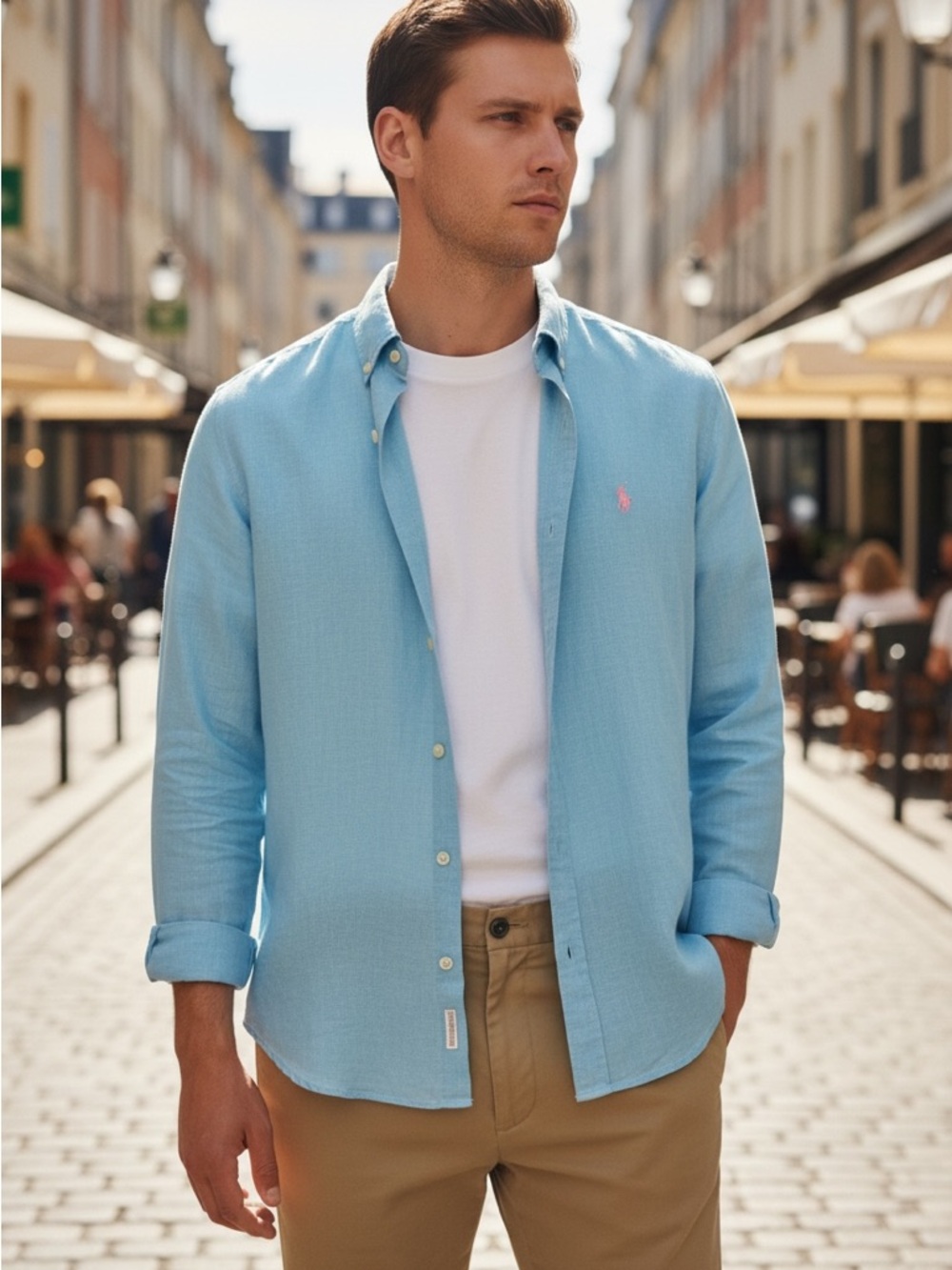 Polo Ralph Lauren Linen Blue Button-Down Shirt with Pink Polo Logo
